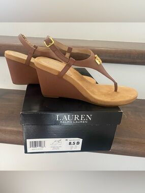 Lauren Ralph Lauren Tan/Brown Wedge Sandals with Gold Hardware